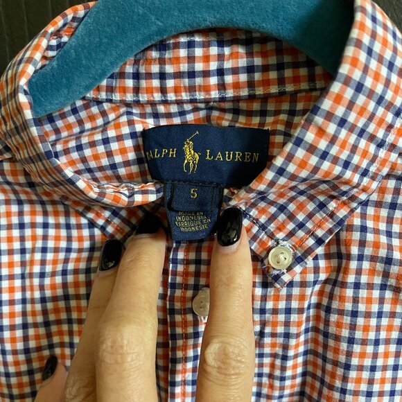 Ralph Lauren Boys Button-Down Shirt - Size 5 - Orange & Navy Gingham Check - Picture 3 of 6